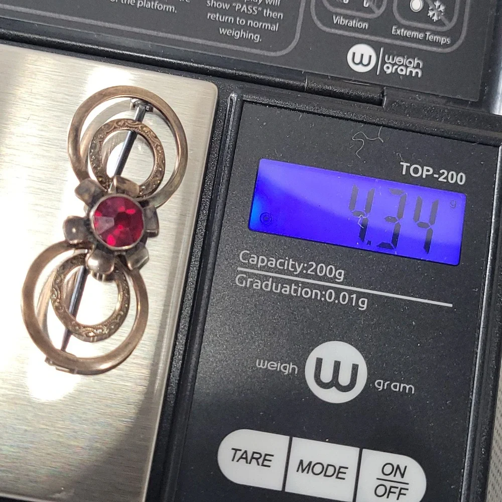 Van Dell 12K GF Sterling Silver Brooch Red Stone Floral Circle Vintage Jewelry